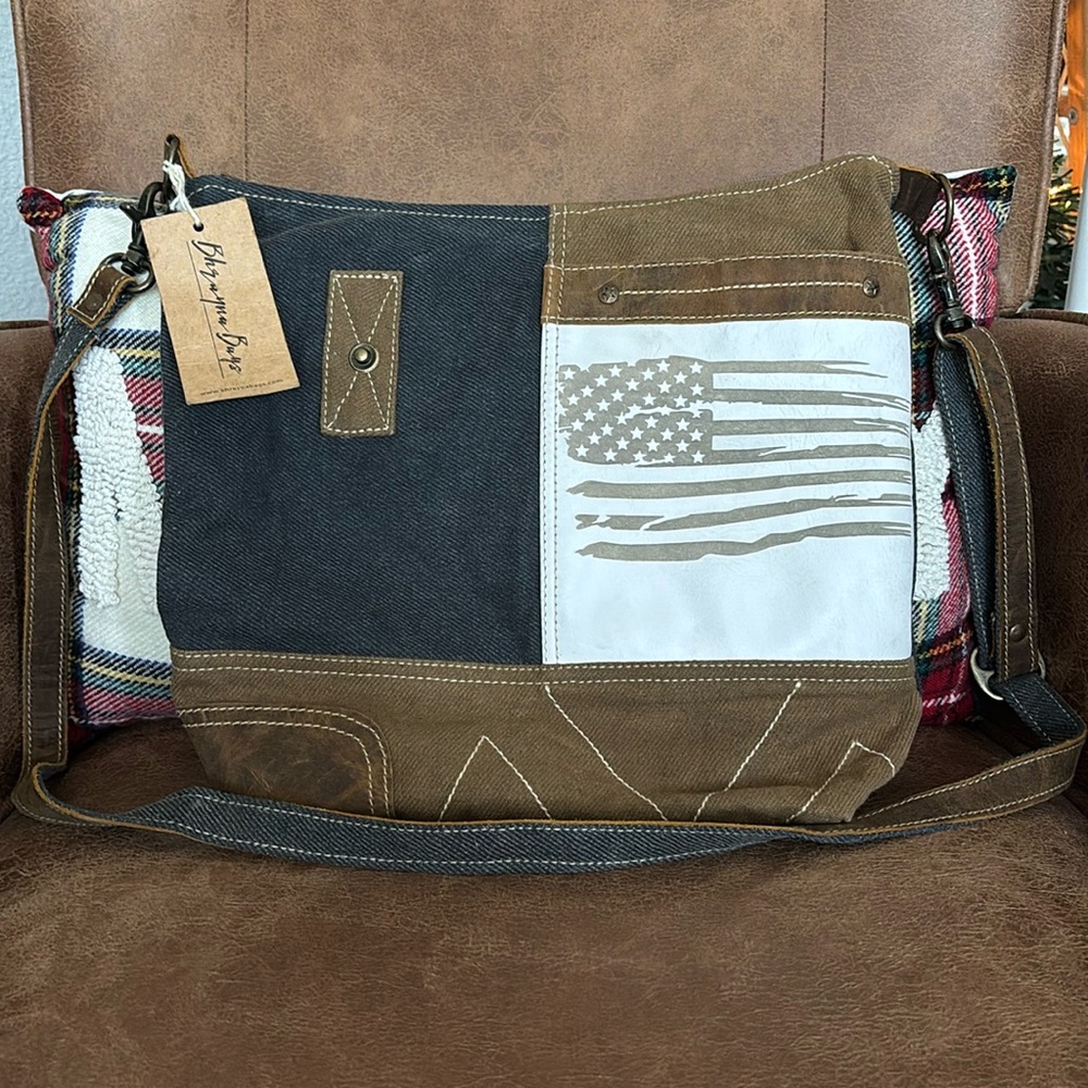 Bhrayna Crossbody Bag. NWT! Made with upcycled canvas and leather. Vintage look.